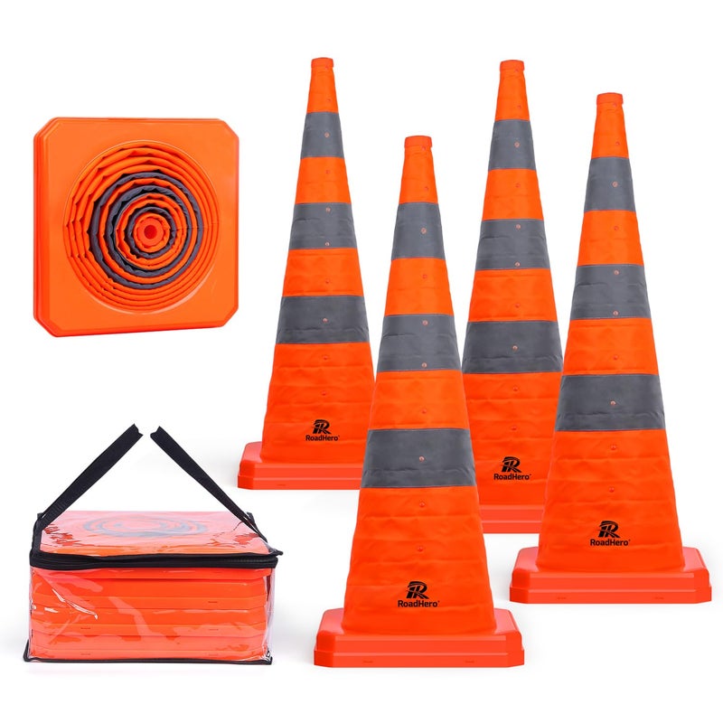 RoadHero 36 Inch 4 Pack Collapsible Traffic Safety Cones, Multi Purpose Pop-up Cones with Reflective Collar for Road Safety, Orange Cones for Driving Training, Parking Lots - Image 1